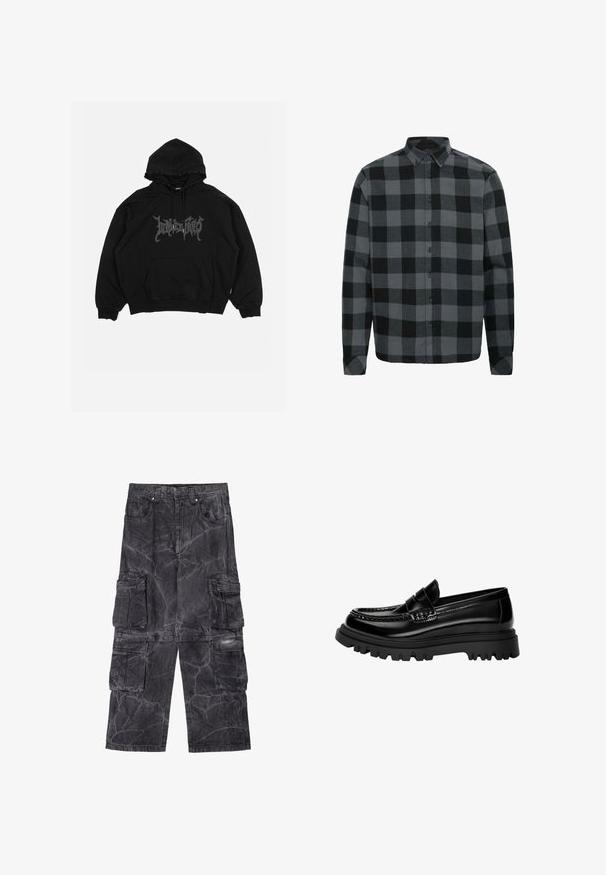 Čierna hoodie vyrobená z bavlny, s prednou kapsou, šnúrkami na kapucni a grafickým logom na hrudi. Voľný strih s rebrovanými manžetami.; Šedá a čierna károvaná flanelová košeľa s dlhými rukávmi, gombíkovým golierom a prednými gombíkmi. Mäkká textura s uvoľneným strihom.; Cargo nohavice v tmavosivej denime s mramorovou textúrou. Má viacero bočných vreciek a kontrastné šitie. Dizajn s širokými nohavicami.; Čierne lesklé kožené mokasíny s textúrovaným pásikom, s robustnou čiernou gumovou podrážkou s hlbokými vzorkami a klasickým dizajnom mokasín.