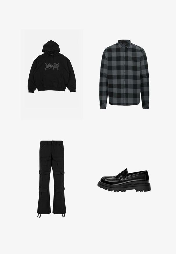 Sort hættetrøje lavet af bomuld, med en lomme foran, snøre i hætten og et grafisk logo på brystet. Løs pasform med ribbede mansjetter.; Grå og sort ternet flannel skjorte med lange ærmer, knap-ned krave og knapper foran. Blød tekstur med en afslappet pasform.; Sorte cargo-bukser lavet af denim, med flere lommer, et bredt ben-design og justerbare snore ved kanten.; Sorte, glossy læder loafers med en tekstureret rem, der har en kraftig sort gummisål med dybe riller og et klassisk mokasindesign.