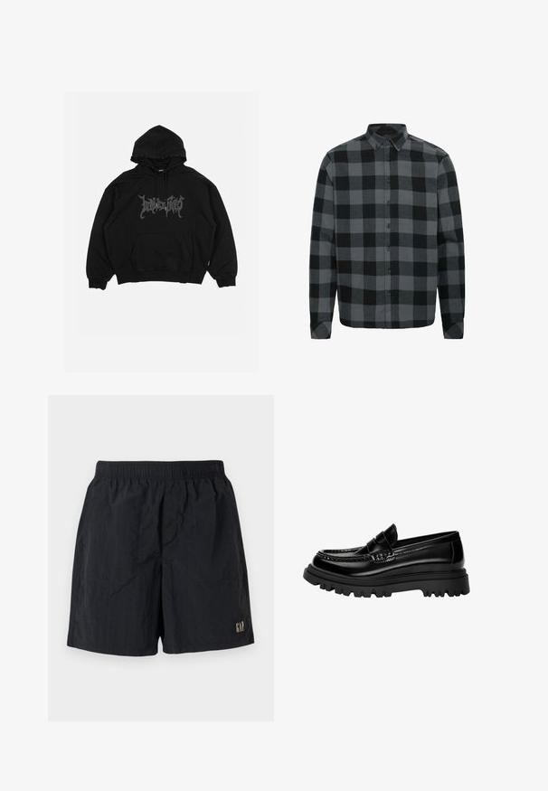 Black hoodie made of cotton, featuring a front pocket, drawstring hood, and a graphic logo on the chest. Loose-fit design with ribbed cuffs.; Gray and black checkered flannel shirt with long sleeves, button-down collar, and front buttons. Soft texture with a relaxed fit.; Black shorts with an elastic waistband, featuring a logo tag on the bottom right, made of lightweight fabric with a crinkled texture.; Black glossy leather loafers with a textured strap, featuring a chunky black rubber sole with deep treads and a classic moccasin design.