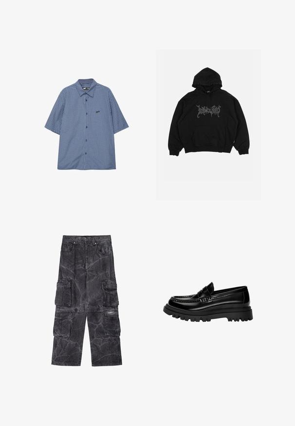 Crna majica s kapuljačom napravljena od pamuka, s prednjim džepom, kapuljačom s uvojcima i grafičkim logotipom na prsima. Dizajn u slobodnom kroju s rebrastim manžetama.; Košulja kratkih rukava s gumbima u plavom kariranom uzorku, koja ima rašireni ovratnik i mali crni logo na lijevoj strani prsnog koša. Tkanina od mješavine pamuka.; Hlače od traperice u tamnosivoj boji s mramornom teksturom. Imaju više bočnih džepova i kontrastne šavove. Dizajn s širokim nogavicama.; Crne sjajne kožne loafers cipele s teksturiranim remenom, koje imaju masivnu crnu gumenu petu s dubokim utorima i klasični mokasinski dizajn.