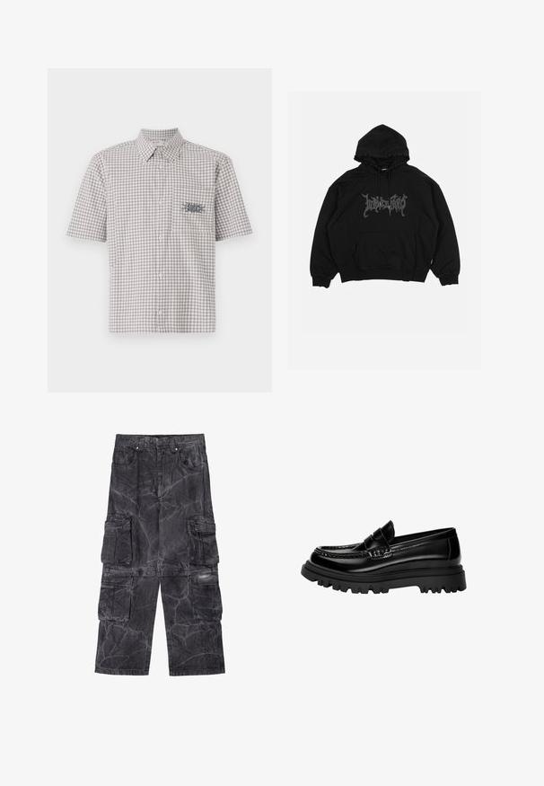 Schwarzer Hoodie aus Baumwolle, mit einer Fronttasche, verstellbarem Kapuzenzug und einem grafischen Logo auf der Brust. Lockerer Schnitt mit gerippten Bündchen.; Kurzarmhemd mit Kragen im grau-weißen Karomuster. Verfügt über eine Brusttasche mit einem kontrastierenden Grafikdesign.; Cargo-Hosen aus dunkelgrauem Denim mit marmorierter Struktur. Verfügt über mehrere Seiten Taschen und kontrastierende Nähte. Weit geschnitten.; Schwarze glänzende Lederloafers mit einem strukturierten Riemen, ausgestattet mit einer klobigen schwarzen Gummisohle mit tiefen Profilen und einem klassischen Mokassindesign.
