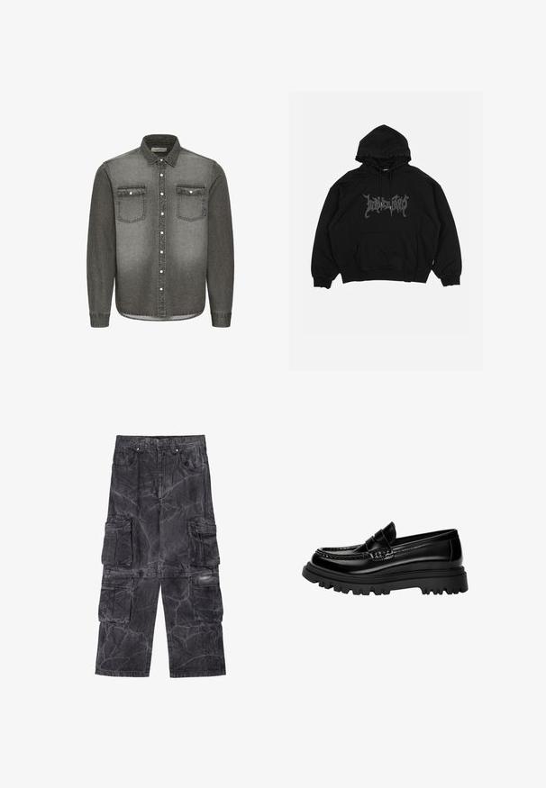 Crna majica s kapuljačom napravljena od pamuka, s prednjim džepom, kapuljačom s uvojcima i grafičkim logotipom na prsima. Dizajn u slobodnom kroju s rebrastim manžetama.; Siva traper košulja s kragnom koja se zakopčava, dugim rukavima, dva džepa na prsima i srebrnim detaljima. Izgled s izblijedjelim gradijentom.; Hlače od traperice u tamnosivoj boji s mramornom teksturom. Imaju više bočnih džepova i kontrastne šavove. Dizajn s širokim nogavicama.; Crne sjajne kožne loafers cipele s teksturiranim remenom, koje imaju masivnu crnu gumenu petu s dubokim utorima i klasični mokasinski dizajn.