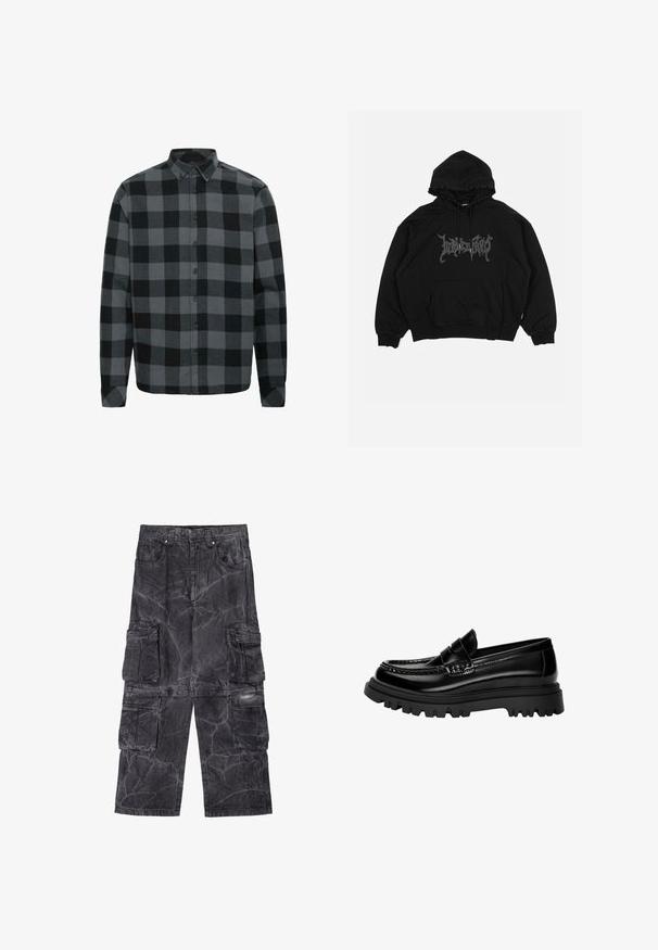 Črna kapuca iz bombaža, z sprednjim žepom, kapuco s vezalkami in grafičnim logotipom na prsih. Ohlapen kroj z rebrastimi manšeti.; Siva in črna karirasta flanelasta srajca z dolgimi rokavi, gumbasto ovratnikom in sprednjimi gumbi. Mehak material z ohlapnim krojem.; Cargo hlače v temno sivi denimu z mramornim vzorcem. Imajo več stranskih žepov in kontrastne šive. Oblika širokih hlač.; Črne sijajne usnjene mokasine z teksturiranim trakom, ki imajo robusten črn gumijast podplat z globokimi utori in klasično mokasinsko zasnovo.