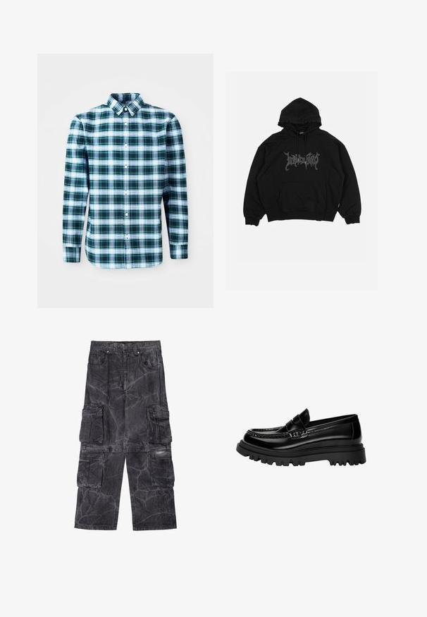 Black hoodie made of cotton, featuring a front pocket, drawstring hood, and a graphic logo on the chest. Loose-fit design with ribbed cuffs.; Green and white checkered long-sleeve shirt with a button-down collar and front buttons. Made of lightweight fabric, featuring a structured design.; Cargo pants in dark gray denim with a marbled texture. Features multiple side pockets and contrasting stitching. Wide-leg design.; Black glossy leather loafers with a textured strap, featuring a chunky black rubber sole with deep treads and a classic moccasin design.