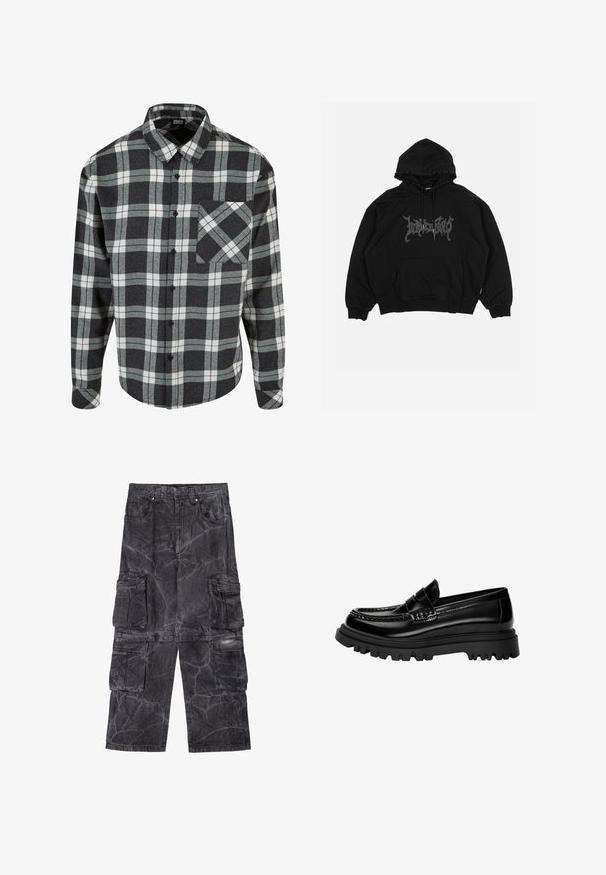 Čierna hoodie vyrobená z bavlny, s prednou kapsou, šnúrkami na kapucni a grafickým logom na hrudi. Voľný strih s rebrovanými manžetami.; Károvaná košeľa v čiernej, šedej a bielej farbe. Vyrobená z flanelu, s predným zapínaním na gombíky, špicatým golierom a náprsné vrecko s rovnakým vzorom.; Šedá a čierna károvaná flanelová košeľa s dlhými rukávmi, gombíkovým golierom a prednými gombíkmi. Mäkká textura s uvoľneným strihom.; Cargo nohavice v tmavosivej denime s mramorovou textúrou. Má viacero bočných vreciek a kontrastné šitie. Dizajn s širokými nohavicami.; Čierne lesklé kožené mokasíny s textúrovaným pásikom, s robustnou čiernou gumovou podrážkou s hlbokými vzorkami a klasickým dizajnom mokasín.