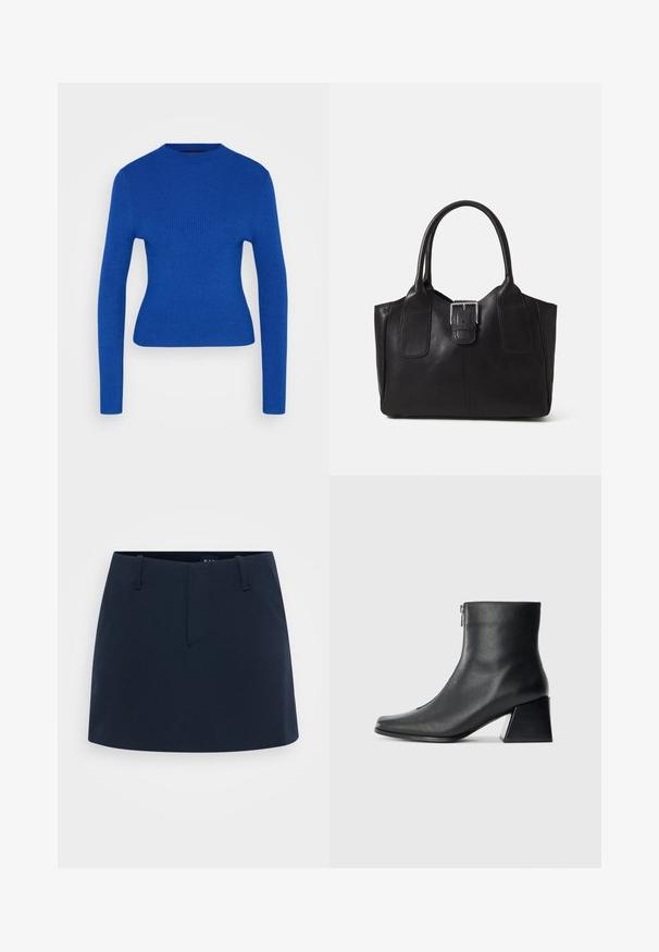 Tajtat långärmad blå ribbad trikåtröja med hög rund halsringning på en enfärgad ljus bakgrund.; Marinblå kjol med en åtsittande design, som har en slät front, bälteshällor och inga synliga fickor. Tillverkad av strukturerad tyg.; Svart läderankelboot med fyrkantig tå, sidodragkedja och klack mot en enkel ljus bakgrund.; Svart läder tote-väska med slät yta, strukturerad form, två handtag och en framträdande silverfärgad spänne på framsidan.