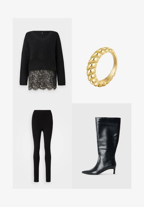 Czarny sweter dzianinowy z dekoltem w kształcie litery V, z długimi rękawami i falbaniastym koronkowym wykończeniem. Teksturowana tkanina kontrastuje z gładką koronką pod spodem.; Czarne legginsy o dopasowanym kroju, wysokim stanie i gładkim materiale. Bez widocznych szwów lub wzorów, o prostym i minimalistycznym designie.; Czarna skórzana kozaczka do kolan z ząbkowanym noskiem i niskim obcasem na jednolitym jasnym tle.; Złoty pierścionek z spiralnym wzorem, zaokrąglonymi akcentami, gładką fakturą i jednolitą szerokością, podkreślający swoje błyszczące wykończenie.