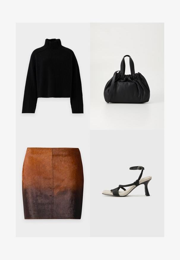 Juodas šonkaulinis megztinis su aukštu kaklu ir trumpu kirpimu, su ilgomis rankovėmis ir tekstūruotu paviršiumi.; Ruda gradientinė mini sijonas, pagamintas iš minkštų medžiagų, su lygia tekstūra, prigludusia siluetu ir tiksliai apdirbtomis kraštinėmis.; Juodų aukštakulnių sandalų su pintu dirželiu dizainas, kvadratine nosimi ir reguliuojamu kulkšnies dirželiu. Šviesiai bežė padas su blizgiu juodu kulnu.; Juoda odinė rankinė su susiraukšlėjusiu viršumi, su dviem trumpomis rankenėlėmis ir ilga reguliuojama juosta. Lygus paviršius, apvalios formos.