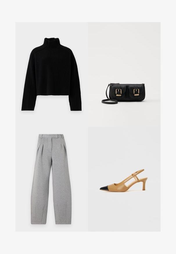 Black ribbed knit sweater with a high neck and cropped design, featuring long sleeves and a textured finish.; Gray, wide-leg trousers made of soft fabric, featuring pleats at the front, a flat waistband, and straight seams along the legs.; Tan slingback heels with a pointed black toe cap, featuring cut-out sides and a mid-height block heel. Smooth leather material.; Black leather crossbody bag with two front pockets, gold buckles, zipper closure, and a slim strap. Textured surface and compact rectangular shape.