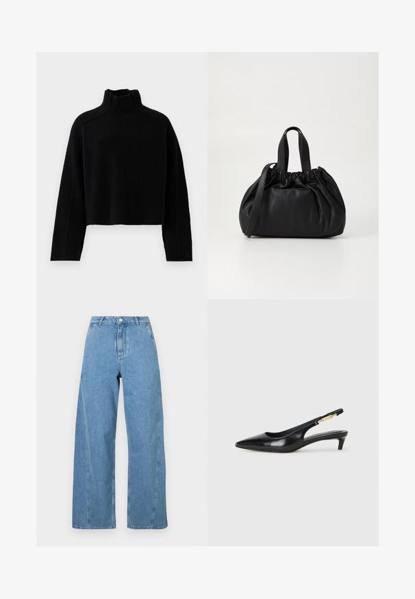 Černý žebrovaný pletený svetr s vysokým límcem a zkráceným střihem, který má dlouhé rukávy a strukturovaný povrch.; Světle modré široké džínsy z denimu, s vysokým pasem, rovného střihu a kontrastním prošíváním podél švů.; Černé kožené boty na podpatku s otevřenou patou a špičatou špičkou, s tenkým podpatkem a zlatým akcentem na nastavitelném pásku. Hladký povrch.; Černá kožená kabelka s designem staženého vršku, která má dvě krátké ucha a dlouhý nastavitelný popruh. Hladký povrch, zaoblený tvar.
