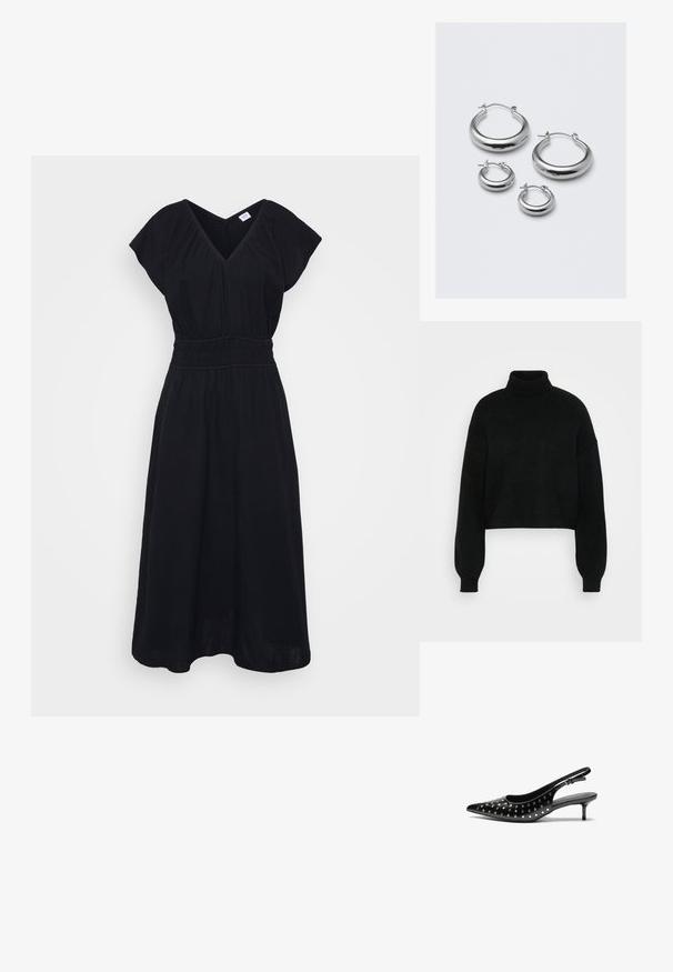 Černý zkrácený svetr s vysokým rolákem, ribovanou texturou a širokými rukávy. Vyroben z měkkého pleteného materiálu. Jednoduchý design bez vzorů.; Černé šaty s výstřihem do V, krátkými rukávy, nařaseným pasem a splývavou sukní. Vyrobeny z lehkého materiálu s texturou.; Černé kožené lodičky na pásku s špičatou špičkou a malým podpatkem. Ozdobené kovovými cvočky po celé vrstvě pro zvýšení textury.; Čtyři páry stříbrných kroužkových náušnic různých velikostí: velké hladké kruhy a menší zaoblené styly s leštěným povrchem a jednoduchými sponami.