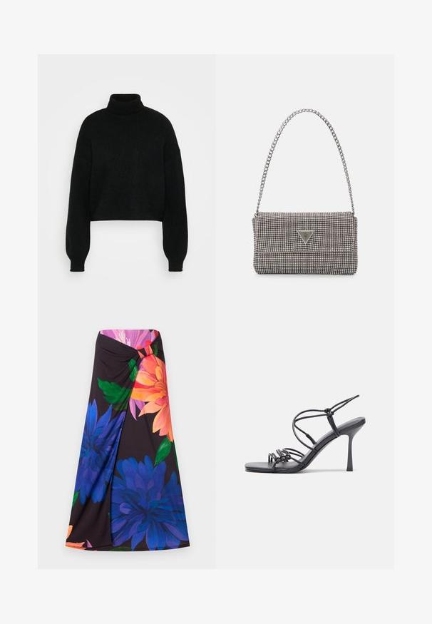 Sweater preto curto com gola alta, textura canelada e mangas largas. Feito de material de malha suave. Design simples sem padrões.; Saia longa floral com fundo preto, apresentando grandes flores azuis e laranjas. Design com nó na cintura com um detalhe vermelho. Tecido suave.; As sandálias de salto alto pretas apresentam tiras finas com um design em nó, uma biqueira quadrada lisa e um elegante salto agulha.; Bolsa metálica cinza claro com uma alça de corrente, adornada com pequenos rebites metálicos circulares e um logótipo triangular da marca.; Brincos de argola prateados com um acabamento suave e brilhante. Forma arredondada, design leve, com fecho de pino.