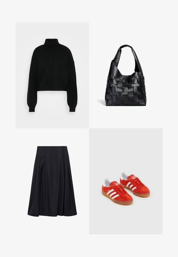 Zwarte cropped trui met een hoge col, geribbelde textuur en brede mouwen. Gemaakt van zachte breimateriaal. Eenvoudig ontwerp zonder patronen.; Mango THAI - A-lijn rok - blue; Rode suède sneakers met witte strepen, rubberen gumzool, gewatteerde kraag en logo op de tong. Klassiek ontwerp met textuur op de bovenkant.; Zwarte leren geweven tote bag met een slouchy vorm en een brede schouderriem. Kenmerkt zich door een gestructureerd, verweven ontwerp met een gladde afwerking.