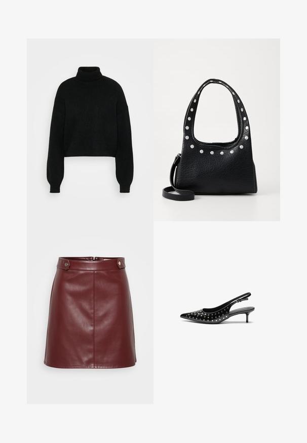 Schwarzer, verkürzter Pullover mit hohem Rollkragen, geripptem Strickmuster und weit geschnittenen Ärmeln. Aus weichem Strickmaterial gefertigt. Einfaches Design ohne Muster.; Burgunderfarbene Kunstleder-Minirock mit einem strukturierten Bund, Frontreißverschluss und Metallknöpfen, der eine glatte, glänzende Textur aufweist.; Schwarze Leder-Slingback-Highheels mit spitzer Zehenform und kleinem Absatz. Verziert mit metallischen Nieten entlang des Obermaterials für zusätzliche Textur.; Schwarze, strukturierte Lederhandtasche mit silbernen Nieten entlang der Oberkante und der Griffe, ausgestattet mit einem kurzen Griff und einem abnehmbaren Schulterriemen.