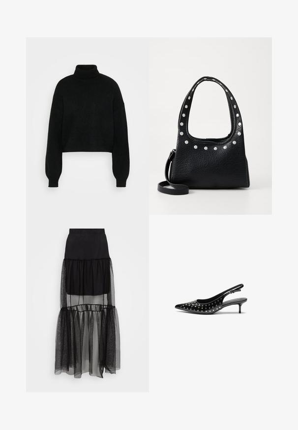 Sort cropped sweater med høj krave, ribbet tekstur og brede ærmer. Lavet af blødt strikmateriale. Simpelt design uden mønstre.; Sorte lagdelte nederdel med en gennemsigtig, tekstureret nederste sektion, elastisk talje og en flydende design. Bestående af lette materialer.; Sorte læderslingback hæle med spids tå og lille hæl. Dekoreret med metalliske nitter langs overdelen for ekstra tekstur.; Sort struktureret lædertaske med sølvnitter langs den øverste kant og håndtagene, der har et kort håndtag og en aftagelig strop.