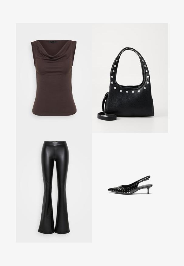 Mustat lyhyet neuleet korkealla kauluksella, ribbed rakenne ja leveät hihat. Valmistettu pehmeästä neulemateriaalista. Yksinkertainen muotoilu ilman kuvioita.; Ruskea hihaton toppi, jossa on laskeutuva kaula-aukko, valmistettu pehmeästä kankaasta. Suora pinta, istuva malli ja ei näkyvää varustusta.; Musta levenevä housut, jotka on valmistettu kiiltävästä tekonahasta, korkealla vyötäröllä ja sileällä pinnalla. Ei näkyviä varusteita tai kuvioita.; Mustat nahkaiset slingback-korkokengät, joissa on teräväkärkinen muoto ja pieni korko. Koristeltu metallisilla niiteillä yläosassa lisätekstuurin luomiseksi.; Musta teksturoitu nahkalaukku hopeasomisteilla yläreunassa ja kahvoissa, jossa on lyhyt kahva ja irrotettava olkahihna.