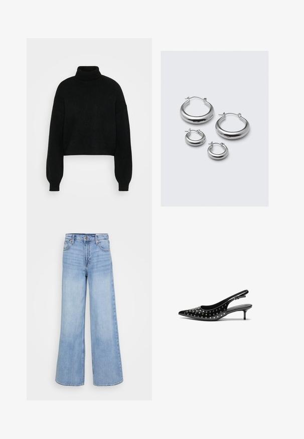 Black cropped sweater with a high turtleneck, ribbed texture, and wide sleeves. Made of soft knit material. Simple design without patterns.; Light blue wide-leg jeans made of denim, featuring a high waist, front pockets, and a button closure with copper hardware accents.; Black leather slingback heels with a pointed toe and small heel. Decorated with metallic studs along the upper for added texture.; Four pairs of silver hoop earrings in varying sizes: large smooth circles and smaller rounded styles with a polished finish and simple clasps.