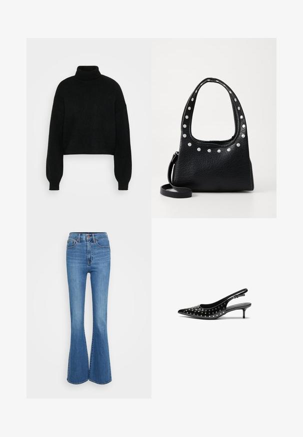 Crni skraćeni džemper s visokim rolkragnom, rebrastom teksturom i širokim rukavima. Napravljen od mekog pletenog materijala. Jednostavan dizajn bez uzoraka.; Plave traperice s izrezanim nogavicama i visokim strukom, s ušivenim džepovima, metalnim gumbom i glatkom teksturom. Klasični dizajn s pet džepova.; Crne kožne sandale s remenom oko pete i uskim vrhom, s malim potpeticama. Ukrašene su metalnim šiljcima duž gornjeg dijela za dodatnu teksturu.; Crna teksturirana kožna torba s srebrnim zakovicama duž gornjeg ruba i ručki, s kratkom ručkom i odvojivim remenom.; Četiri para srebrnih naušnica u obliku obruča različitih veličina: veliki glatki krugovi i manji zaobljeni stilovi s poliranim završetkom i jednostavnim kopčama.