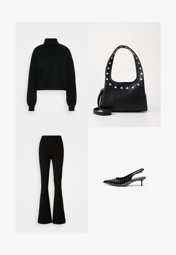 Black cropped sweater with a high turtleneck, ribbed texture, and wide sleeves. Made of soft knit material. Simple design without patterns.; Vero Moda Tall VMAUGUSTA SLIM FLARED - Trousers - black; Black leather slingback heels with a pointed toe and small heel. Decorated with metallic studs along the upper for added texture.; Black textured leather handbag with silver studs along the top edge and handles, featuring a short handle and a detachable strap.