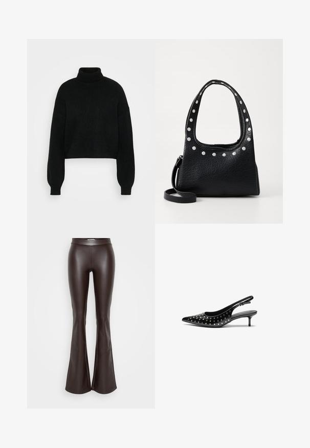 Czarny krótki sweter z wysokim golfem, o prążkowanej fakturze i szerokich rękawach. Wykonany z miękkiego materiału dzianinowego. Prosty fason bez wzorów.; Brązowe spodnie w kształcie dzwonów z nieprawdziwej skóry, o gładkiej fakturze i dopasowanej talii, z rozszerzeniem zaczynającym się poniżej kolana.; Czarne skórzane szpilki slingback z ostrym noskiem i małym obcasem. Ozdobione metalowymi ćwiekami na górze, co dodaje tekstury.; Czarna torebka skórzana o teksturowanej powierzchni, ozdobiona srebrnymi ćwiekami na górnej krawędzi oraz uchwytach. Posiada krótki uchwyt i odczepiany pasek.