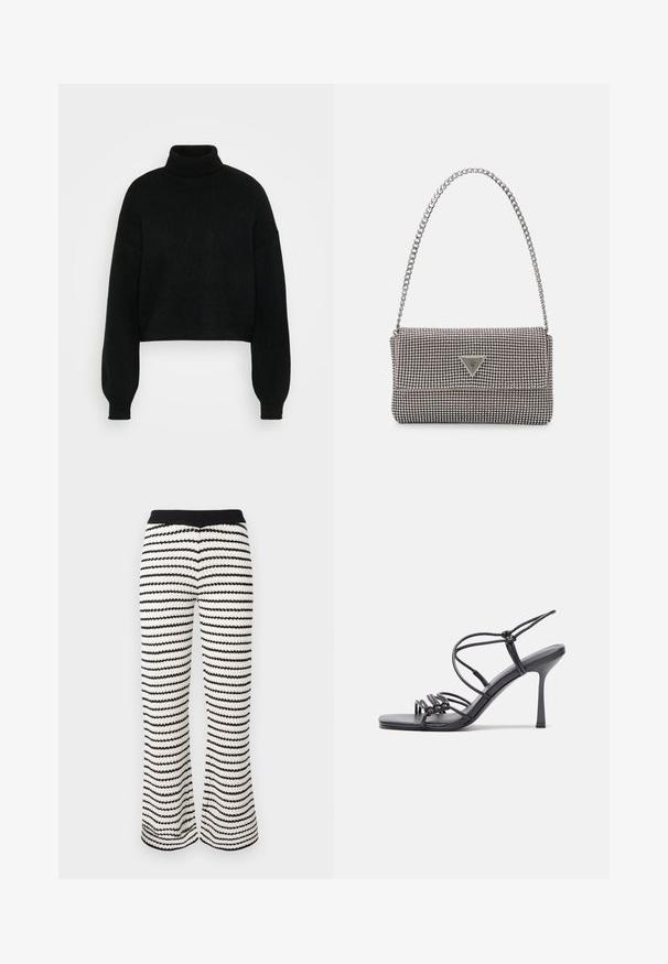 Svart kort tröja med hög polokrage, ribbat mönster och vida ärmar. Tillverkad av mjukt stickat material. Enkelt design utan mönster.; Stickade vida byxor i svart och vitt randigt. Har en ribbad midja och ett strukturerat tyg med ett vågigt mönster genom hela plagget.; Svarta högklackade sandaler har tunna remmar med en knuten design, en slät fyrkantig tå och en smal stilettklack.; Ljusgrå metallisk handväska med kedjestropp, prydd med små cirkulära metallnitar och en triangulär logotyp.; Silverfärgade hängande örhängen med en slät, blänkande yta. Rundad form, lätt design, med ett stift- och bakstängning.