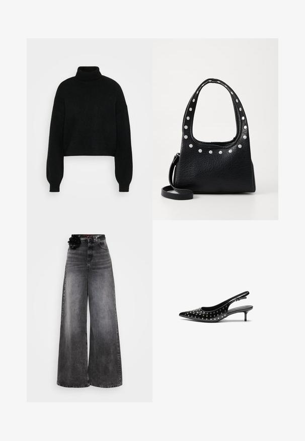 Mustamugune lühikeste varrukate ja kõrge kraega kootud sviiter, millel on ribakatte tekstuur ja laiad varrukad. Valmistatud pehmest kudumisest. Lihtne disain ilma mustriteta.; Laial jalgevahega teksad tuhmmustast denimist, kõrge vöökohaga ja dekoratiivse musta lillemotivi vöö peal.; Mustad musta nahast slingback-kõrged kontsad, terava varbaga ja väikese kontsaga. Ülalt kaunistatud metallist nubludega lisateksi jaoks.; Must ja tekstuuriga nahast käekott, mille ülemise serva ja käepidemete äärtes on hõbedased nupud. Kotil on lühike käepide ja eemaldatav õlavööt.