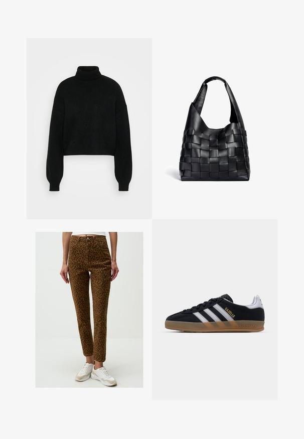 Pull en laine noir court avec col roulé haut, texture côtelée et manches larges. Fabriqué en matière tricot douce. Design simple sans motifs.; Pantalon marron à imprimé léopard avec taille haute, cinq poches et coupe droite, associé à des baskets blanches.; Baskets en daim noires avec des rayures blanches, semelle en caoutchouc beige et logo "Gazelle" en or. Design classique à tige basse, avec un upper texturé.; Sac cabas en cuir noir tissé avec une forme décontractée et une large bandoulière. Caractéristiques d'un design texturé et entrelacé avec une finition lisse.