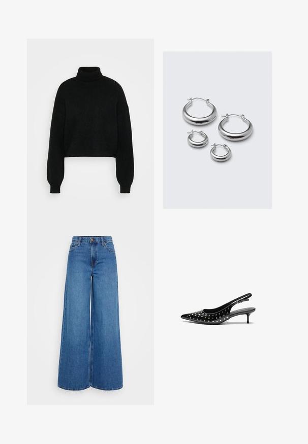 Črn skrajšan pulover z visokim ovratnikom, rebrasto teksturo in širokimi rokavi. Narejen iz mehkega pletenega materiala. Enostaven dizajn brez vzorcev.; Široke kavbojke iz srednje pranja denima. Visok pas z gumbom, z oblikovanimi sprednjimi in zadnjimi žepari. Čista obroba brez dodatkov.; Črne usnjene slingback pete z ostrim nosom in majhnim peto. Okrašene z kovinskimi žebljički ob zgornjem delu za dodaten tekstur.; Štiri pare srebrnih obročastih uhanskih uhani v različnih velikostih: veliki gladki krogi in manjši zaobljeni modeli s poliranim zaključkom ter preprostimi zaponkami.