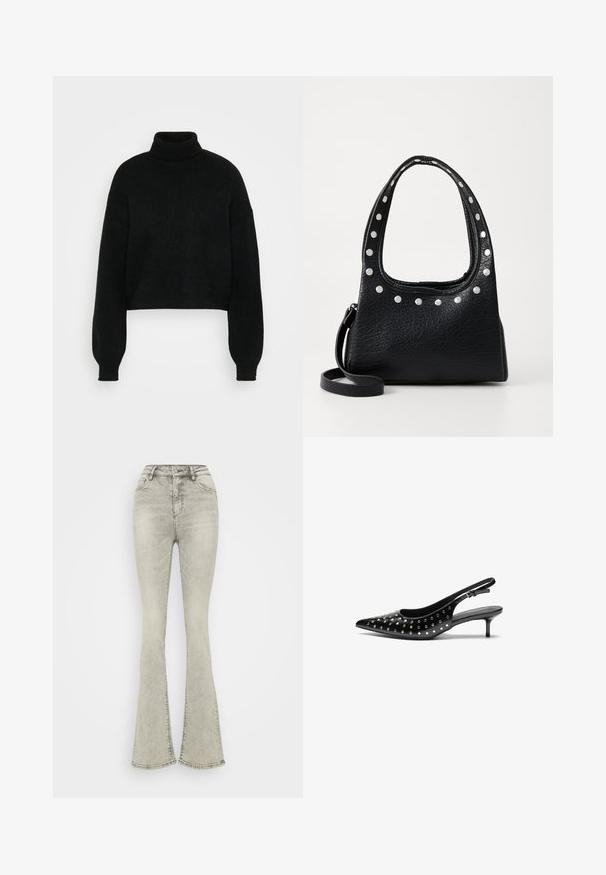 Black cropped sweater with a high turtleneck, ribbed texture, and wide sleeves. Made of soft knit material. Simple design without patterns.; Light grey flared jeans with a high waist, made from denim, featuring a zip fly and subtle stitching along the seams.; Black leather slingback heels with a pointed toe and small heel. Decorated with metallic studs along the upper for added texture.; Black textured leather handbag with silver studs along the top edge and handles, featuring a short handle and a detachable strap.
