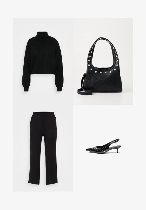 Maglione corto nero con colletto alto, texture a coste e maniche ampie. Realizzato in morbido materiale lavorato a maglia. Design semplice senza motivi.; Pantaloni neri, leggeri, con cintura elastica e design a gamba dritta. Texture liscia, senza motivi visibili o dettagli in metallo.; Tacchi slingback in pelle nera con punta affilata e tacco piccolo. Decorati con borchie metalliche lungo la tomaia per aggiungere textura.; Borsa a tracolla in pelle nera texture, con borchie argentate lungo il bordo superiore e le maniglie, dotata di un manico corto e di una tracolla removibile.; Quattro paia di orecchini a cerchio in argento di diverse dimensioni: grandi cerchi lisci e stili più piccoli arrotondati con una finitura lucida e semplici ganci.