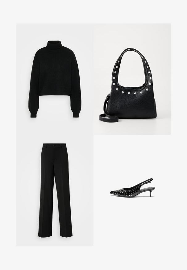 Mustat lyhyet neuleet korkealla kauluksella, ribbed rakenne ja leveät hihat. Valmistettu pehmeästä neulemateriaalista. Yksinkertainen muotoilu ilman kuvioita.; ONLY Tall ONLPEACH LIFE WIDE - Housut - black; Mustat nahkaiset slingback-korkokengät, joissa on teräväkärkinen muoto ja pieni korko. Koristeltu metallisilla niiteillä yläosassa lisätekstuurin luomiseksi.; Musta teksturoitu nahkalaukku hopeasomisteilla yläreunassa ja kahvoissa, jossa on lyhyt kahva ja irrotettava olkahihna.