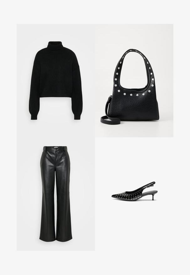 Mustat lyhyet neuleet korkealla kauluksella, ribbed rakenne ja leveät hihat. Valmistettu pehmeästä neulemateriaalista. Yksinkertainen muotoilu ilman kuvioita.; ONLY Tall ONLSMOOTH WIDE - Housut - black; Mustat nahkaiset slingback-korkokengät, joissa on teräväkärkinen muoto ja pieni korko. Koristeltu metallisilla niiteillä yläosassa lisätekstuurin luomiseksi.; Musta teksturoitu nahkalaukku hopeasomisteilla yläreunassa ja kahvoissa, jossa on lyhyt kahva ja irrotettava olkahihna.