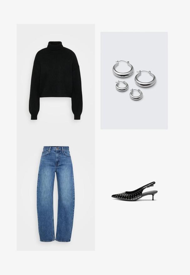 Svart cropped genser med høy krage, ribbestruktur og vide ermer. Laget av mykt strikket materiale. Enkelt design uten mønstre.; Lys blå denimjeans med rak passform, høy midje, fem lommer og knappelukking. Har subtil falming og klassiske sømdetaljer.; Sorte skinnslenkel høye hæler med spiss tå og liten hæl. Dekorert med metalliske nagler langs overdelen for ekstra tekstur.; Fire par med sølv hoops i forskjellige størrelser: store glatte sirkler og mindre avrundede stiler med en polert finish og enkle låser.