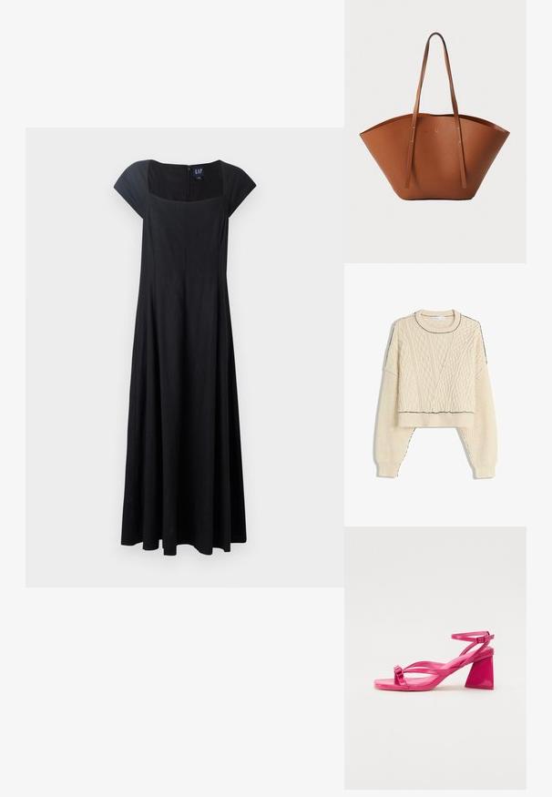 Krémový sveter s pleteným vzorom a skráteným strihom, s rebrovanými manžetami a kontrastným čiernym orámovaním na dekolte a leme.; Čierne bezrukávové šaty s priliehavým korzetom, rozšírenou sukňou a štvorecovým výstrihom. Tkanina vyzerá hladko a má zips na zadnej strane.; Ružové lakované kožené sandále na podpätku so štvorcovou špičkou, úzkymi popruhmi a geometrickým blokovým podpätkom. Obsahujú sponu na popruhu.; Hnedá kožená taška na rameno s širokým, štruktúrovaným tvarom, tenkými popruhmi a textúrovaným povrchom. Displej minimalistického dizajnu bez viditeľného hardvéru.