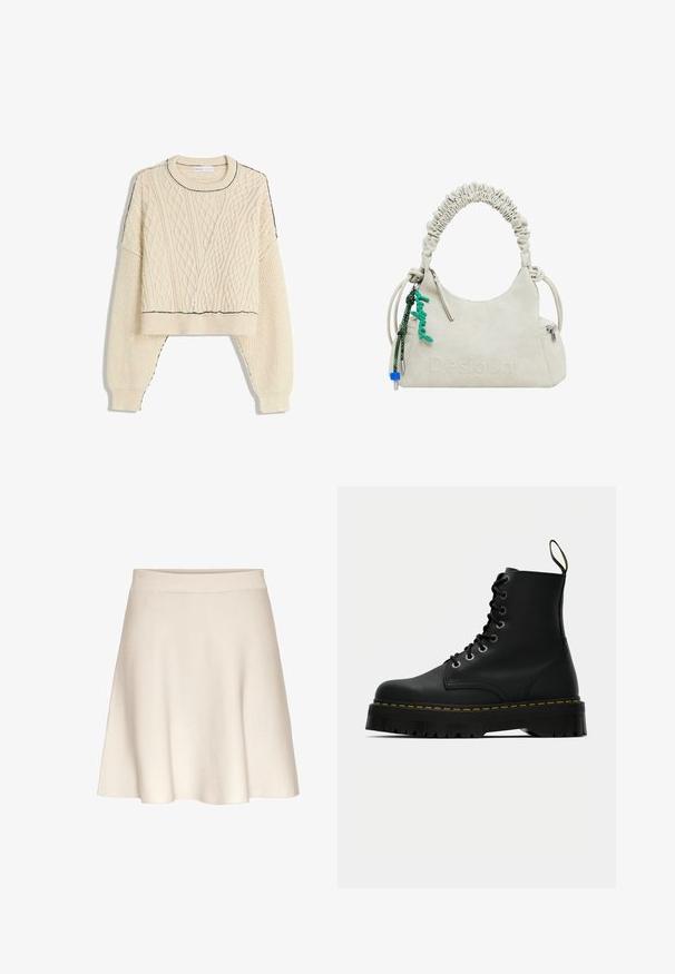 Cream cable-knit sweater featuring a cropped design, ribbed cuffs, and a contrasting black outline on the neckline and hem.; A flared, beige skirt made from soft fabric with a smooth texture, featuring a wide waistband and a knee-length hem.; Black leather lace-up ankle boots with a chunky textured rubber sole and yellow stitching detail around the platform.; Off-white faux leather handbag with ruched handle, zip pocket, and green charm. Smooth texture, understated embossed logo, and sleek design.