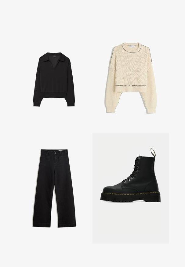 Crème kabelbrei trui met een cropped ontwerp, geribbelde manchetten en een contrasterende zwarte omranding op de halslijn en zoom.; Zwarte cropped sweatshirt met een V-hals en grote kraag. Gemaakt van een soepele stof, met lange mouwen en een aansluitende tailleband.; Zwarte denim broek met wijde pijpen en een hoge taille, voorzien van voor- en achterzakken, gestikte naden en een knoopsluiting. Gladde textuur.; Zwarte leren veterlaarzen tot de enkel met een stevige, geprofileerde rubberen zool en gele stiksels rond het voetbed.