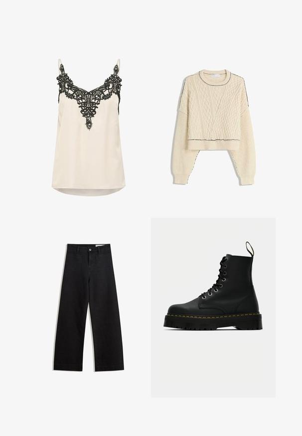 Cream cable-knit sweater featuring a cropped design, ribbed cuffs, and a contrasting black outline on the neckline and hem.; Cream satin camisole with intricate black lace trim around the neckline and adjustable spaghetti straps. Hemline is slightly rounded.; Black wide-leg denim pants with a high waist, featuring front and back pockets, stitched seams, and a button closure. Smooth texture.; Black leather lace-up ankle boots with a chunky textured rubber sole and yellow stitching detail around the platform.