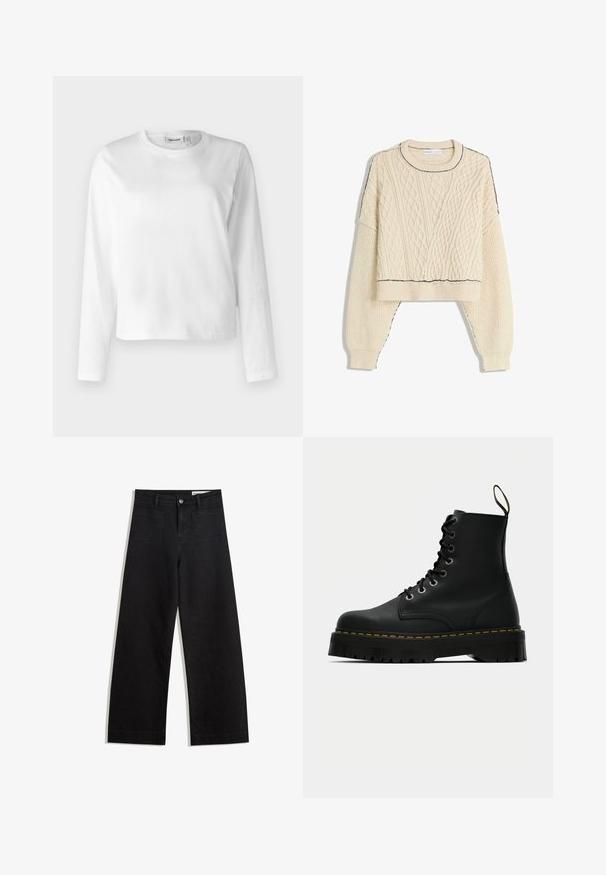 Krém színű, kötött pulóver, amelynek cropped fazonja van, bordás mandzsettákkal és kontrasztos fekete díszítéssel a nyakvonalon és az alján.; Fehér, hosszú ujjú pamut póló, kerek nyakkal és laza szabással. A dizájn egyszerű, nincs látható minta vagy kiegészítő.; Fekete, bő szabású farmernadrág magas derékkal, elülső és hátsó zsebekkel, varrott felületekkel és gombos záródással. Sima textúra.; Fekete bőr, fűzős bokacsizma tömör, texturált gumitalppal és sárga varrással a talp körül.