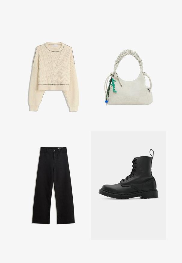 Pull en tricot crème à motif torsadé avec un design court, des poignets côtelés et un contour noir contrastant au niveau de l'encolure et de l'ourlet.; Pantalon en denim noir à jambes larges avec une taille haute, comprenant des poches avant et arrière, des coutures piquées et une fermeture à bouton. Texture lisse.; Botte de combat en cuir noir avec un bout rond, un laçage à l'avant et une sangle au niveau de la cheville. Dispose d'une semelle en caoutchouc épaisse pour une durabilité optimale.; Sac à main en simili cuir écru avec poignée froncée, poche zippée et charme vert. Texture lisse, logo embossé discret et design élégant.