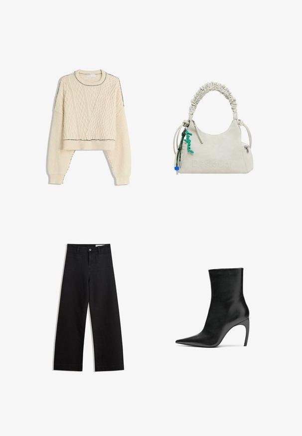 Kremowy sweter w splot kablowy z krótkim krojem, ściągaczowymi mankietami oraz kontrastującym czarnym wykończeniem przy dekolcie i dolnym brzegu.; Czarne dżinsowe spodnie o szerokich nogawkach i wysokim stanie, z przednimi i tylnymi kieszeniami, przeszyciami oraz zapięciem na guziki. Gładka struktura.; Czarne skórzane botki za kostkę z szpiczastym noskiem i wysokim obcasem w kształcie szpilki. Gładka tekstura i minimalistyczny design podkreślają nowoczesną elegancję.; Niemrawa torebka z sztucznej skóry w kolorze off-white z marszczonym uchwytem, zamkiem błyskawicznym oraz zielonym charms. Gładka tekstura, dyskretny wytłoczony logo i elegancki design.