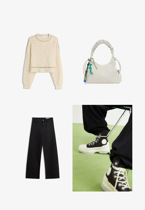 Krém színű, kötött pulóver, amelynek cropped fazonja van, bordás mandzsettákkal és kontrasztos fekete díszítéssel a nyakvonalon és az alján.; Fekete, bő szabású farmernadrág magas derékkal, elülső és hátsó zsebekkel, varrott felületekkel és gombos záródással. Sima textúra.; Converse CHUCK TAYLOR ALL STAR LUGGED 2.0 PLATFORM COUNTER CLIMATE EXTRA HIGH - Fűzős bokacsizmák - black/egret; Krém színű műbőr kézitáska, ráncolt fogantyúval, cipzáras zsebbel és zöld charm-mal. Simás textúra, visszafogott dombornyomott logó és elegáns kialakítás.