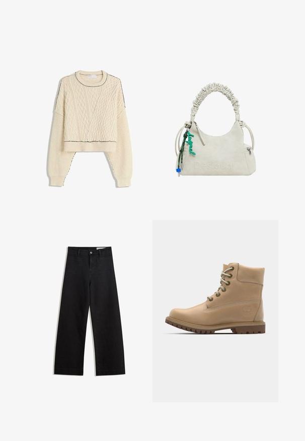 Pulover crem din lână împletit cu model cablu, cu un design scurtat, mansete cu model în relief și o margine neagră contrastantă la gât și la tiv.; Pantaloni din denim negri cu picioare largi, cu talie înaltă, având buzunare frontale și posterioare, cusături dublate și închidere cu nasture. Textură netedă.; Botine din piele bej, până la gleznă, cu vârf rotund, șireturi bej și talpă robustă. Prezintă cusături laterale și un logo circular pe toc.; Geantă din imitație de piele albă-crem cu mânere plisate, buzunar cu fermoar și un charm verde. Textură netedă, logo embosat discret și design elegant.