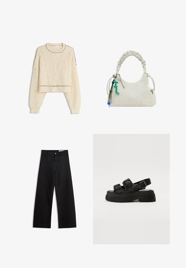 Kremasti džemper s pletenom kabel tehnikom koji ima skraćeni dizajn, rebraste manžete i kontrastni crni obrub na izrezu i rubu.; Crne široke traperice s visokim strukom, s prednjim i stražnjim džepovima, šivenim šavovima i kopčanjem na gumb. Glatka tekstura.; Crne platforme sandale s tri podesiva remena s kopčama, teksturiranom potplatom i glatkom gornjom. Dizajnirane s čvrstim, masivnim oblikom.; Off-white lažna kožna torba s naboranom drškom, džepom na zip i zelenim privjeskom. Glatka tekstura, suptilni uvezeni logotip i elegantan dizajn.