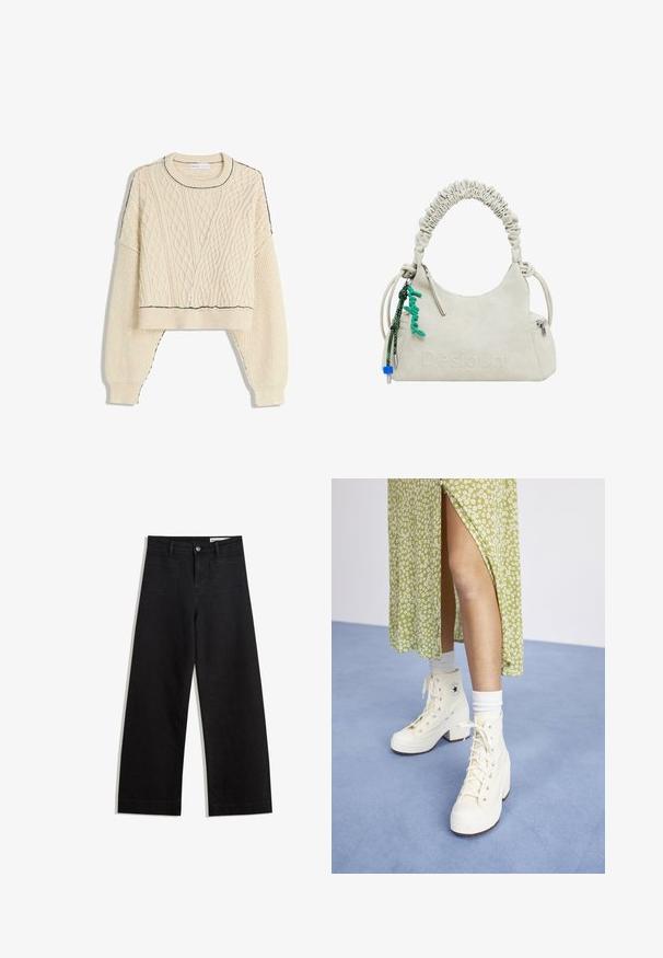 Krem pulover z kabelskim pletenjem, ki ima skrajšan kroj, rebraste manšete in kontrastno črno obrobo na ovratniku in robu.; Črne široke denim hlače z visokim pasom, ki imajo sprednje in zadnje žepe, šivane šive ter gumbasto zapiranje. Gladka tekstura.; Bela visoka platformna športna obutev z vezalkami in srebrnimi očesci, v kombinaciji z belimi nogavicami do gležnja, na svetlo modri podlagi.; Bež umetna usnjena torbica z nagubanim ročajem, zadrgo in zelenim čarom. Gladka tekstura, diskretno embosirano logotip ter eleganten dizajn.
