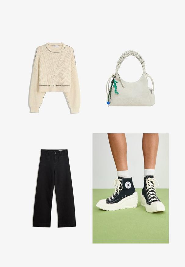 Creme kabelstrikket sweater med en cropped design, ribbede manchetter og en kontrasterende sort kant ved halsudskæringen og nederste kant.; Sorte wide-leg denim bukser med høj talje, der har front- og baglommer, syede sømme og en knaplukning. Glat tekstur.; Sorte højtop sneakers med en hævet hvid platform sål, der har hvide snørebånd og en rund logo lap på siden. Tekstureret canvas materiale.; Off-white faux læder håndtaske med rynket håndtag, lynlåslomme og grøn charme. Glat tekstur, diskret præglogo og elegant design.