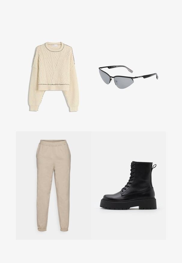 Krémový sveter s pleteným vzorom a skráteným strihom, s rebrovanými manžetami a kontrastným čiernym orámovaním na dekolte a leme.; Pieskové teplákové nohavice vyrobené z mäkkej zmesi bavlny. Majú elastický pás a zúžené manžety pre uvoľnený strih.; Čierne kožené členkové topánky s okrúhlou špičkou, šnurovaním vpredu a hrubou gumovou podrážkou s textúrovaným vzorom. Sťahovací pútko na zadnej strane.; Čierne slnečné okuliare s ostrým, mačacím dizajnom. Strieborné zrkadlové šošovky. Úzke, ľahké plastové rámy s diskrétnym brandingom na spánkoch.