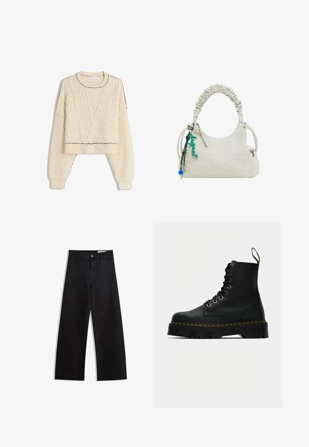 Cream cable-knit sweater featuring a cropped design, ribbed cuffs, and a contrasting black outline on the neckline and hem.; Black wide-leg denim pants with a high waist, featuring front and back pockets, stitched seams, and a button closure. Smooth texture.; Black leather lace-up ankle boots with a chunky textured rubber sole and yellow stitching detail around the platform.; Off-white faux leather handbag with ruched handle, zip pocket, and green charm. Smooth texture, understated embossed logo, and sleek design.