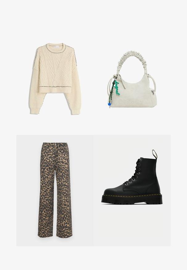Maglione cremoso a trecce con design cropped, polsini a costine e un contorno nero a contrasto sul collo e sull'orlo.; Jeans a gamba larga in misto cotone con stampa leopardata. Presentano vita alta, tasche anteriori e un motivo a contrasto tra nero e marrone. Taglio slim e dritto.; Stivali alla caviglia neri in pelle con lacci, dotati di una suola in gomma testurizzata e spessa, e dettaglio in cucitura gialla attorno alla piattaforma.; Borsa a mano in ecopelle avorio con manico arricciato, tasca con zip e charm verde. Texture liscia, logo in rilievo discreto e design elegante.