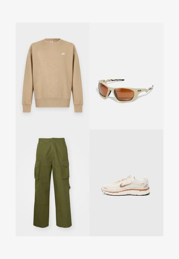 Καφές Nike φούτερ με στρογγυλή λαιμόκοψη, μακρυά μανίκια και λευκό λογότυπο στο στήθος. Ο ιστός φαίνεται απαλός με λεία υφή.; Χακί cargo παντελόνι από ανθεκτικό ύφασμα, με δύο πλαϊνές τσέπες, άνετη εφαρμογή και κουμπί στο μέσο.; Τα παπούτσια Nike P-6000 διαθέτουν μια κρεμ mesh άνω επιφάνεια με πορτοκαλί και ασημί λεπτομέρειες, μια μαξιλαρωμένη σόλα, και υφή που εξασφαλίζει πρόσφυση.; Μπεζ αθλητικά γυαλιά ηλίου με καφέ φακούς, αεροδυναμικό σχέδιο, υφασμάτινες μαύρες λεπτομέρειες στους βραχίονες και γωνιώδη μορφή.
