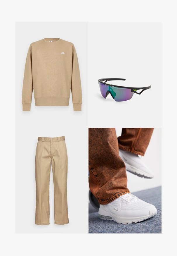 Hnědá mikina Nike se širokým výstřihem, dlouhými rukávy a bílým logem na hrudi. Materiál vypadá měkký s hladkou strukturou.; Khaki kalhoty se střihem rovného nohavice, vyrobené z odolné látky, s hladkým povrchem a dvojitým skladem vpředu pro dodatečný detail.; Nike Sportswear PULSE - Tenisky - white/summit white; Sportovní sluneční brýle s černým rámem, velkým gradientním sklem s fialovými a zelenými odstíny a hranatými designovými akcenty s detailem loga.